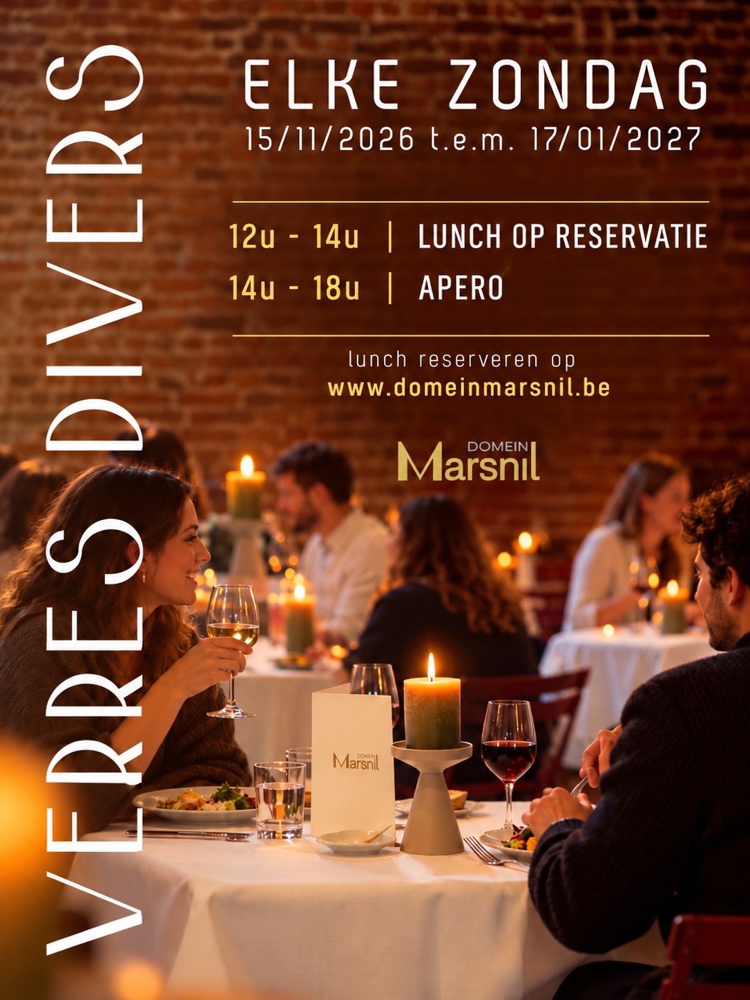 Verres Divers bij Domein Marsnil — elke zondag van 15/11/2026 t.e.m. 17/01/2027. 12u-14u lunch op reservatie, 14u-18u apero. Reserveer je lunch.